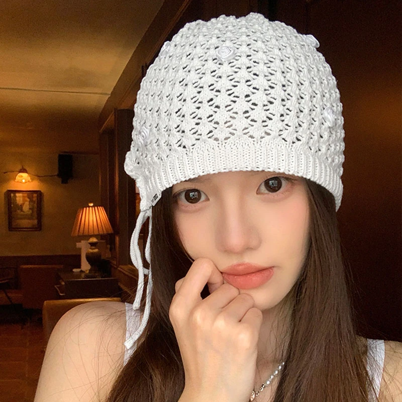 玫瑰花镂空编织包头帽女复古百搭显脸小套头帽ins小众针织帽子潮