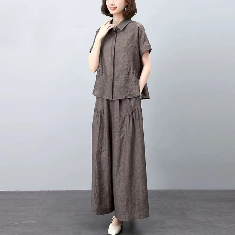 薄款休闲套装女2025夏新款短袖衬衫阔腿裤高端天丝中年妈妈两件套