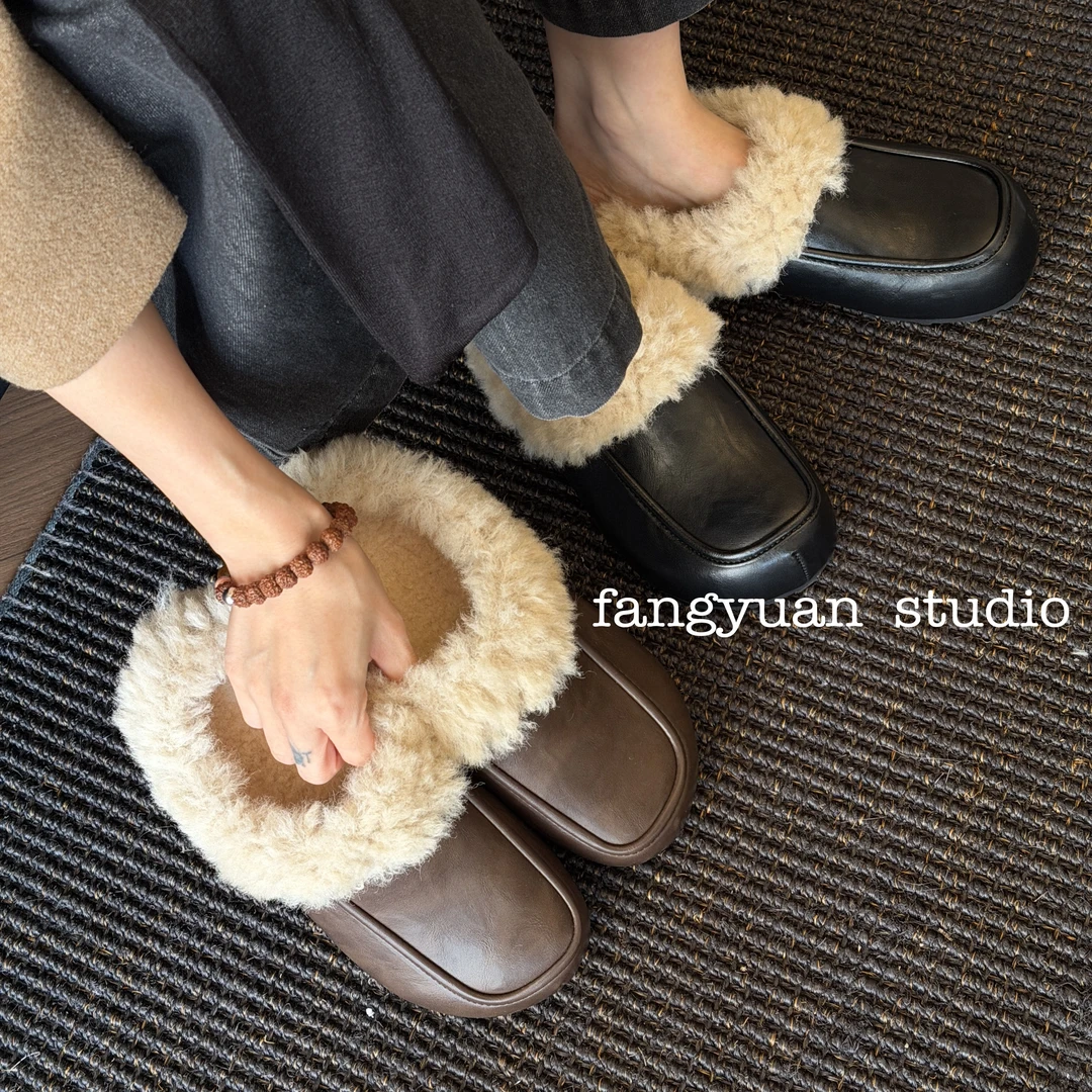 方头小众浅口复古港风千金风包头拖加绒网红软底防滑毛毛包头拖鞋