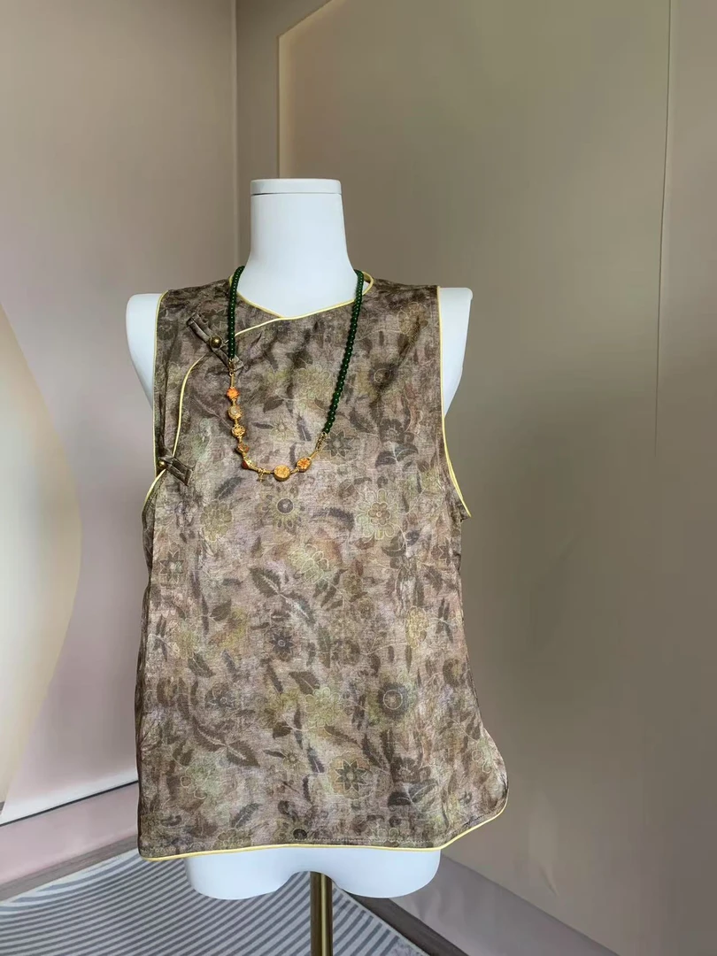 九月 棕麻背心  新中式印花宽松显瘦提花印花无袖背心