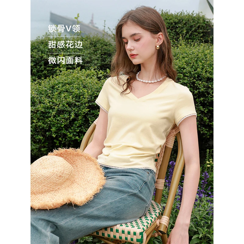 三彩2025夏秋季新款闪闪T恤黄色V领正肩短袖上衣修身短款简约女M
