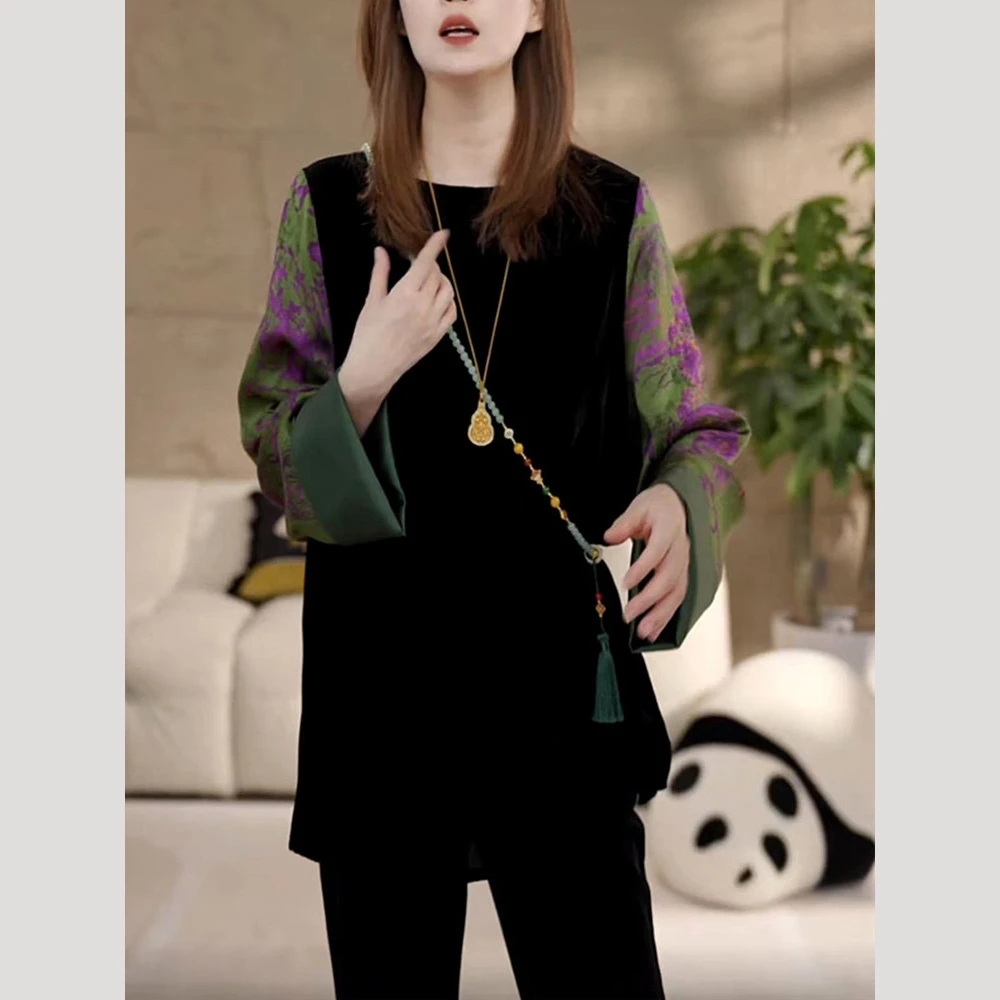 2025秋冬新中式国风丝绒拼接提花衬衫女洋气衣服减龄唐装小衫上衣