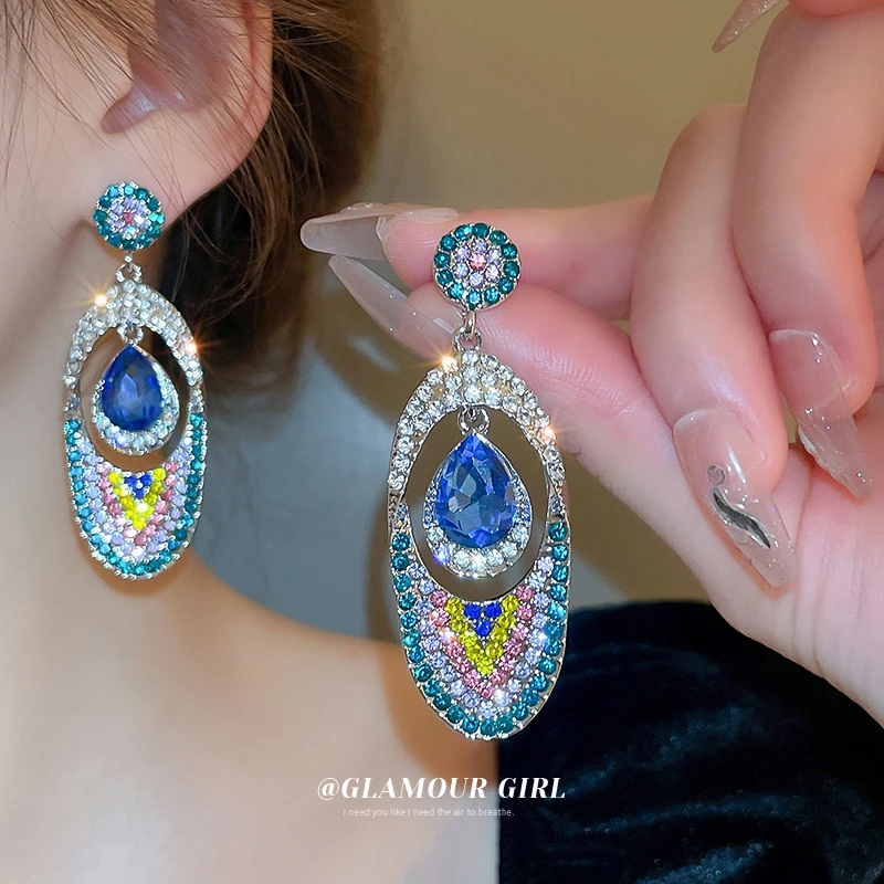 铜合金耳饰 【沧海月珀】银针镶钻水滴彩色锆石中古风耳环复古耳坠