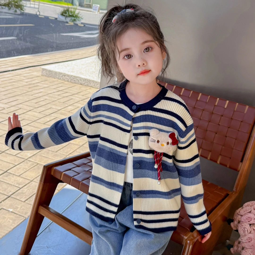 女童秋季2025新款潮流儿童条纹可爱猫咪针织毛衣开衫牛仔裤套装