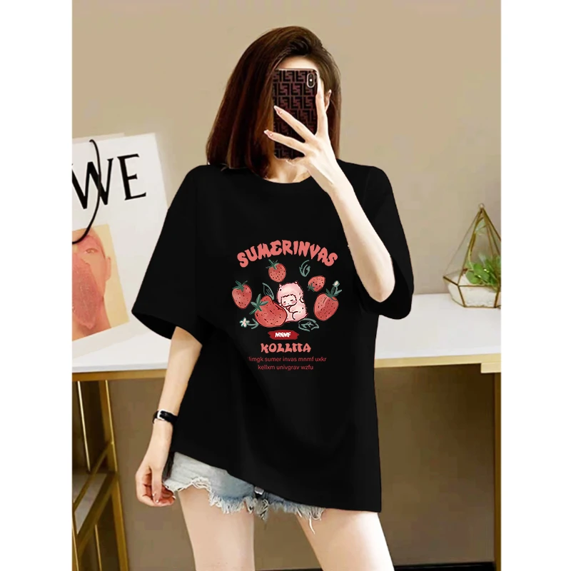 2025潮牌草莓娃娃短袖t恤男女情侣爆款港风潮牌宽松休闲纯棉上衣