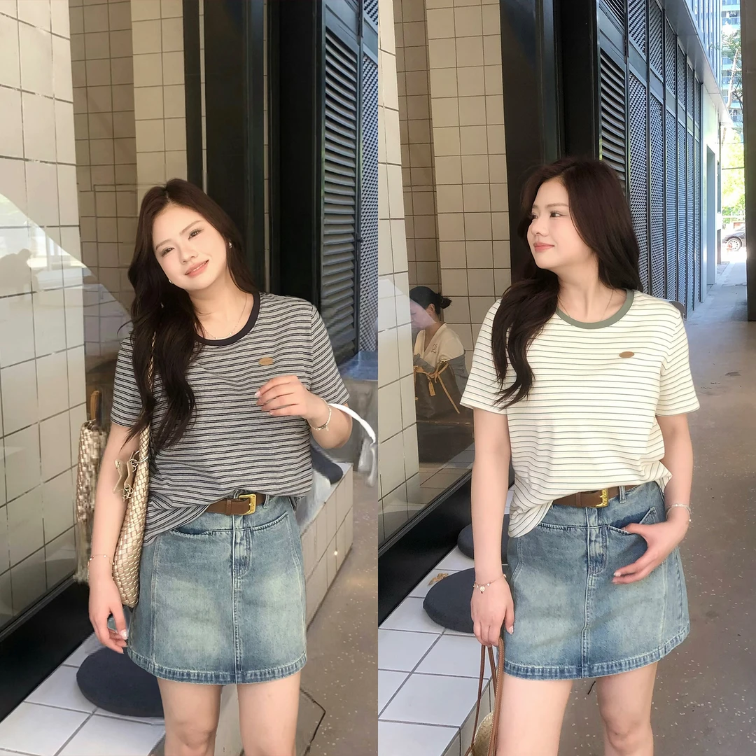 裂渡念念【懒人穿搭】微胖大码女装夏季百搭休闲竖条纹显瘦短袖T恤