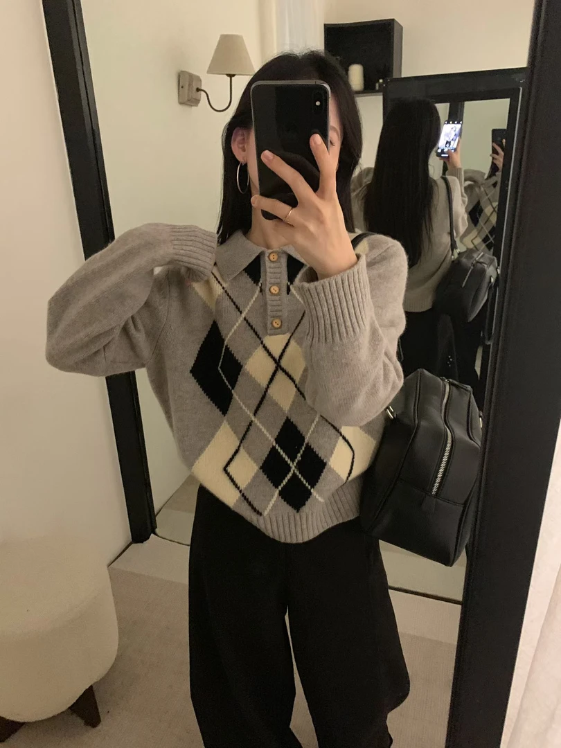 {轻奢系列}100%纯羊毛复古经典学院风大牌宽松菱格翻领套头毛衣