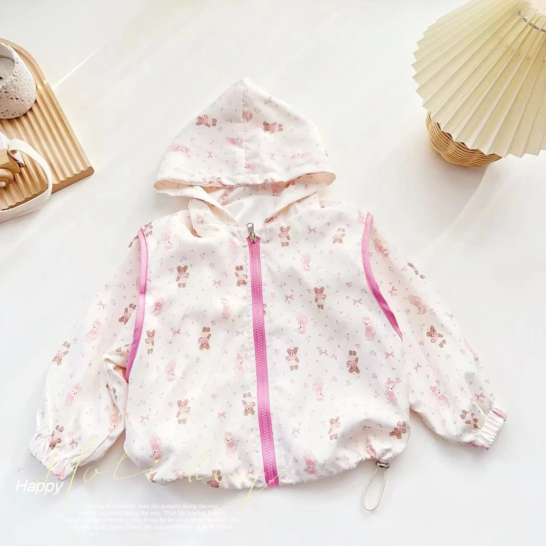 汤圆家童装2025春季新款韩系蕾丝小熊撞色拉条连帽外套 XA-603