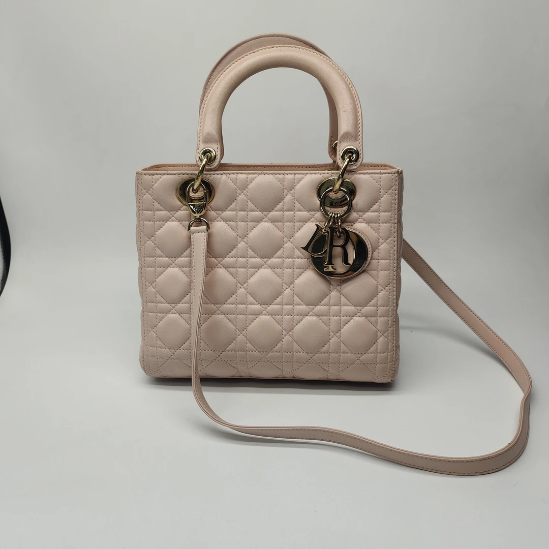 99新 DIOR/迪奥 粉色五格戴妃金扣拉链手提包12编码dx7524