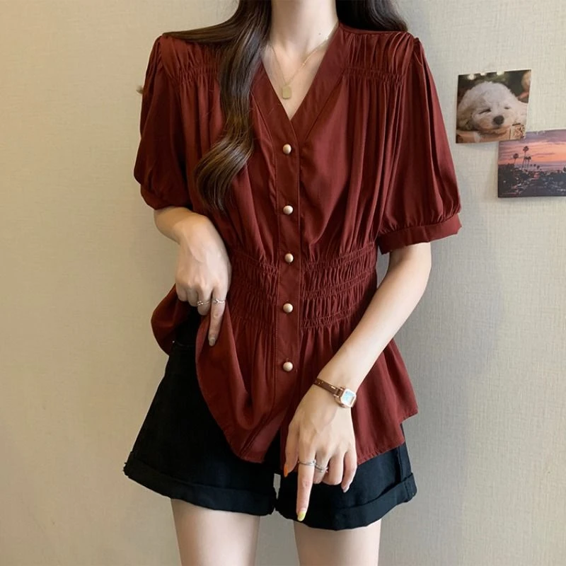 高级感洋气法式V领红色V领短袖衬衫女夏季大码胖mm收腰娃娃衫上衣
