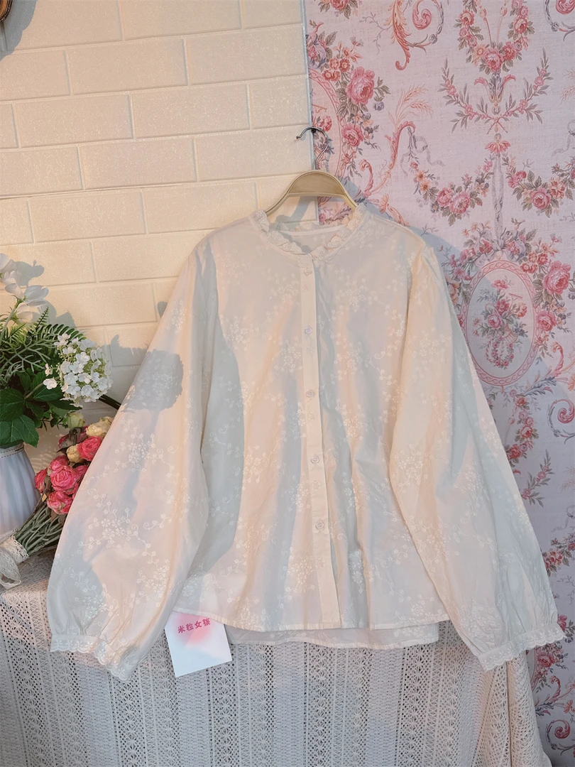 《米粒》83367圆领拼接花边重工刺绣宽松百搭衬衫