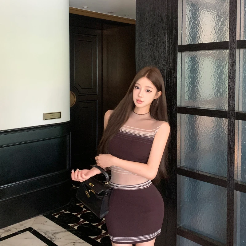 透视网纱高弹力撞色针织包肩袖上衣夏季针织ins风包臀裙裙子显瘦