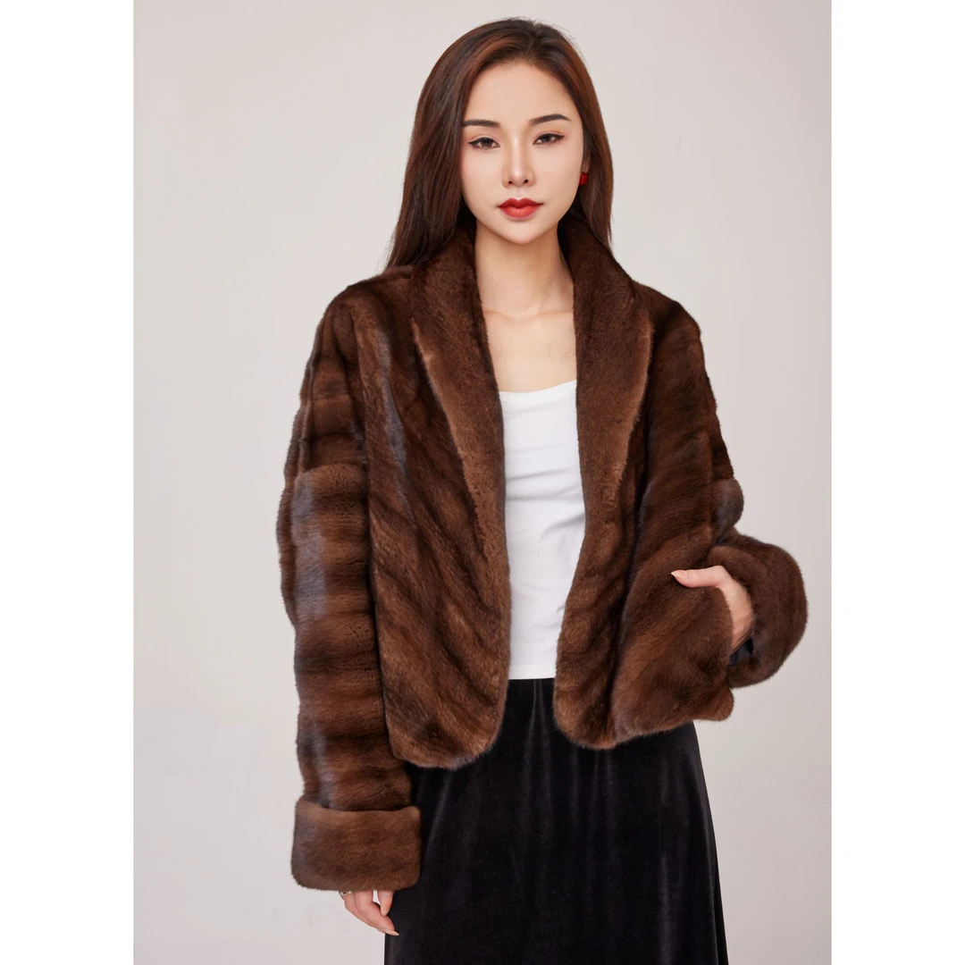 施施【摩登年代2】全抽刀年轻款挽袖水貂皮草外套进口整貂皮大衣069