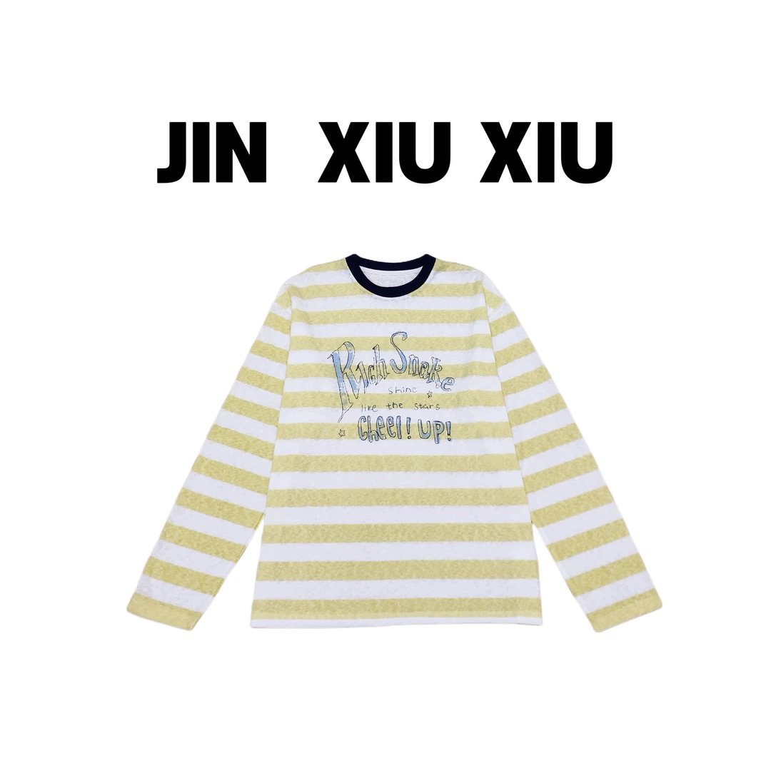 JINXIUXIU 春夏新款圆领条纹印花韩系甜美T恤1005