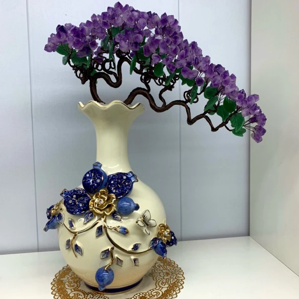 【晶之运】蓝色石榴紫水晶迎客松客厅玄关高档轻奢创意家居装饰摆设