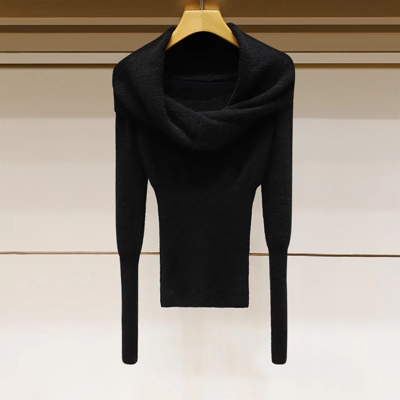 2024秋新款时尚围巾领黑色套头毛衣女修身百搭针织0071