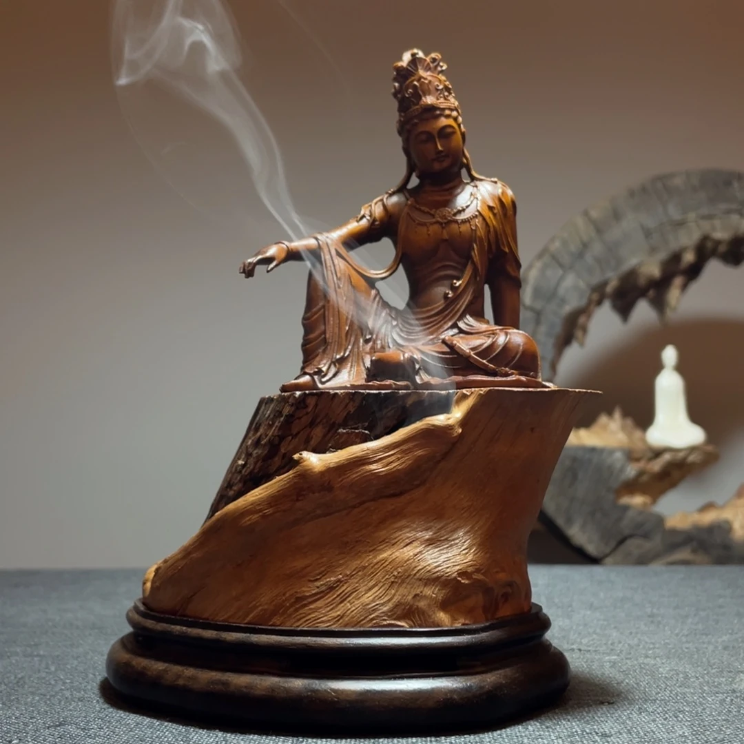 木质黄杨木观自在 荔枝木香炉