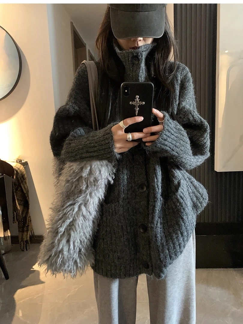 韩系灰色软糯高领开衫毛衣外套女秋冬外穿慵懒风宽松针织衫女上衣