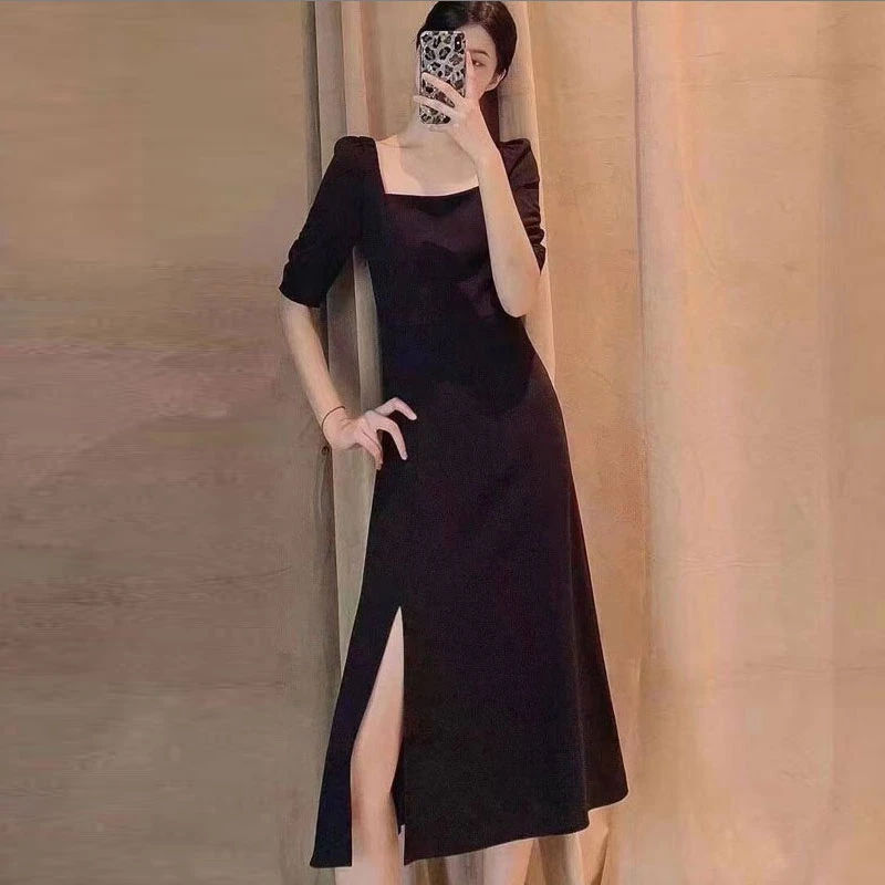 商场同款25夏季新款百搭修身显瘦气质方领开叉中袖连裙5500406