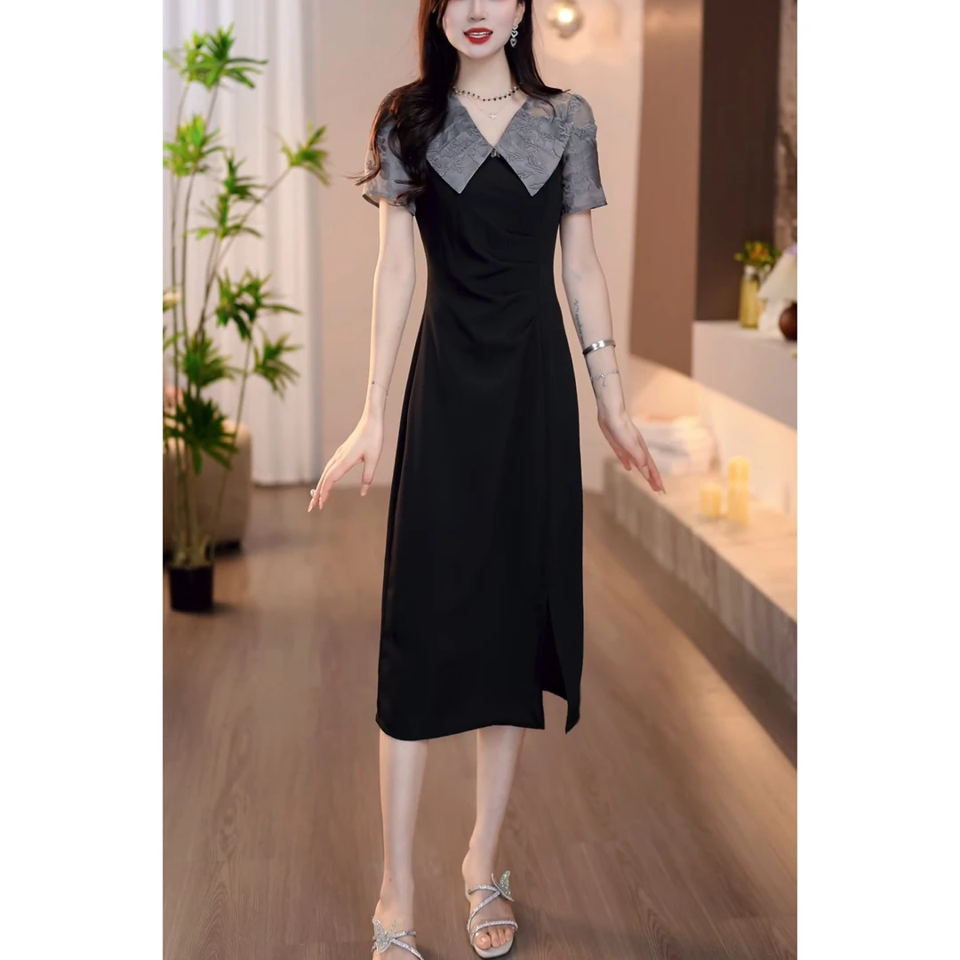 时尚气质拼接连衣裙女2025夏季新款短袖开叉设计感收腰中长款裙子