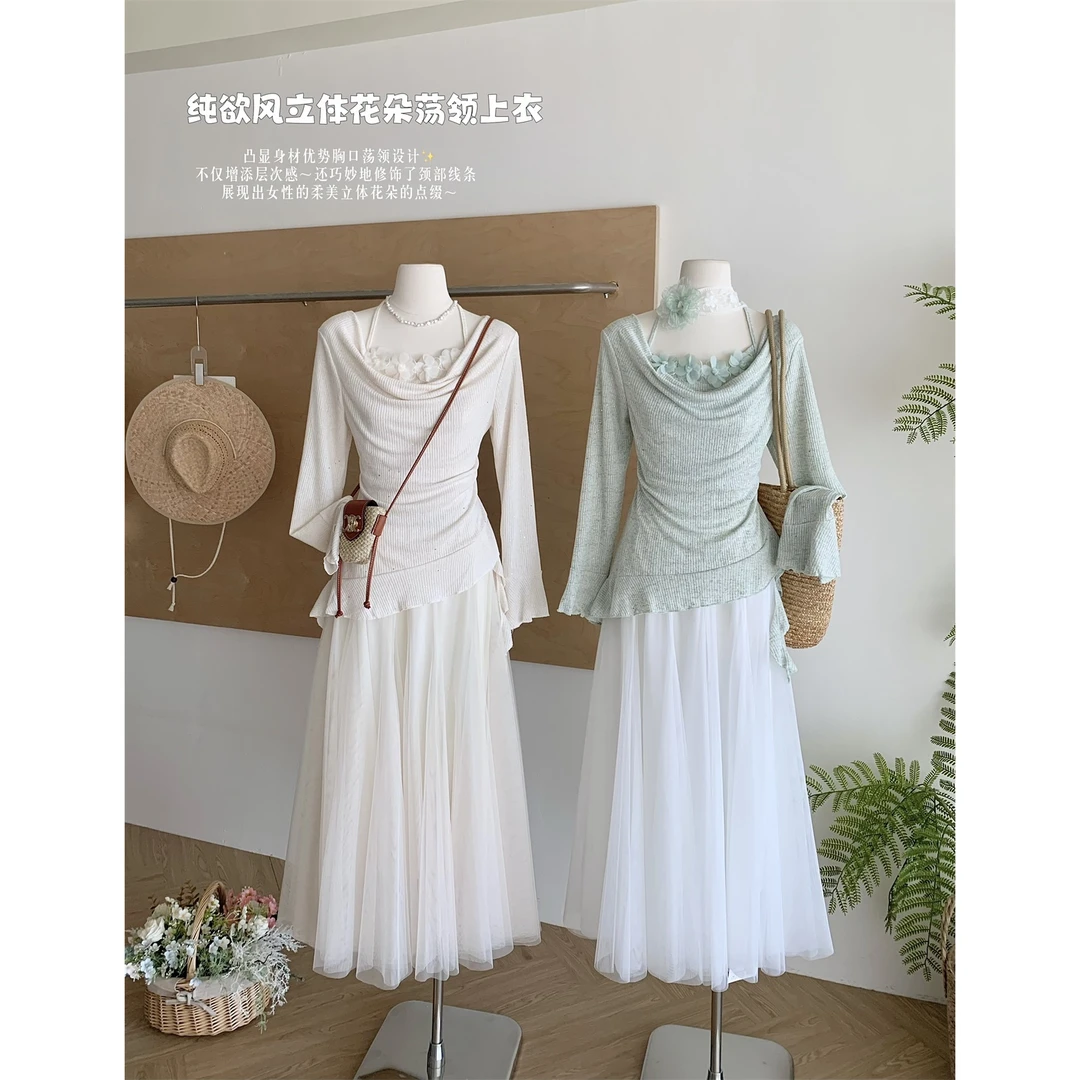 早春纯欲温柔风气质法式复古设计感蕾丝拼接上衣显瘦半身裙套装女