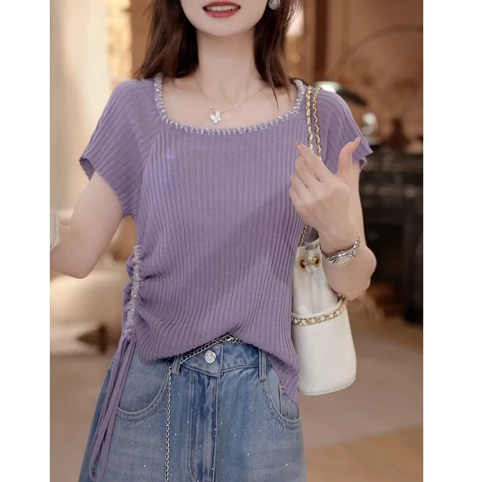 高级感重工抽绳短袖针织衫女2025夏季新款时尚漂亮洋气显瘦上衣潮