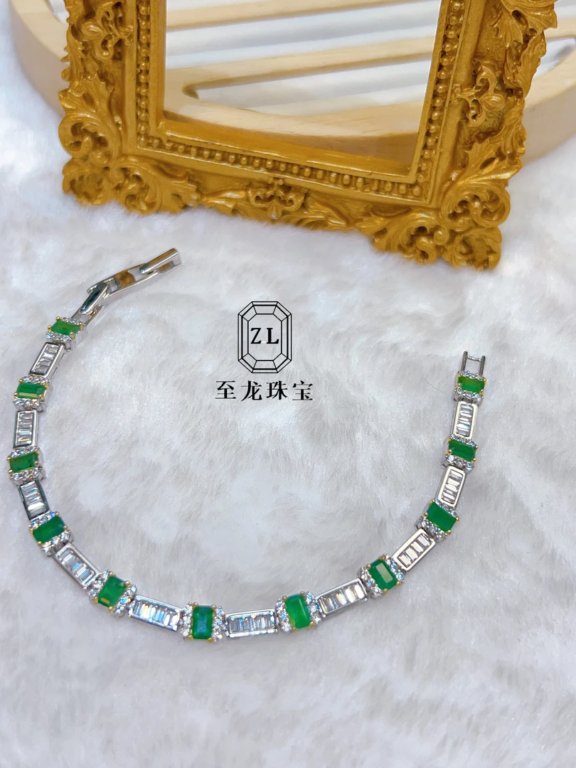 925银天然祖母绿手链-3.3ct 欧美风珠宝气质时尚通用镶嵌饰品