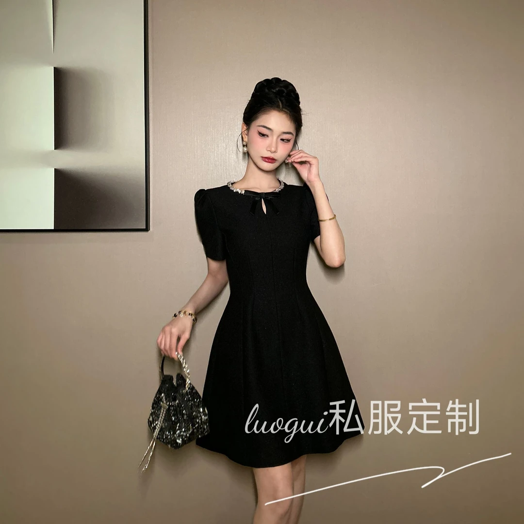 夏季新款设计感收腰显瘦气质小黑裙复古小个子黑色国风连衣裙9008