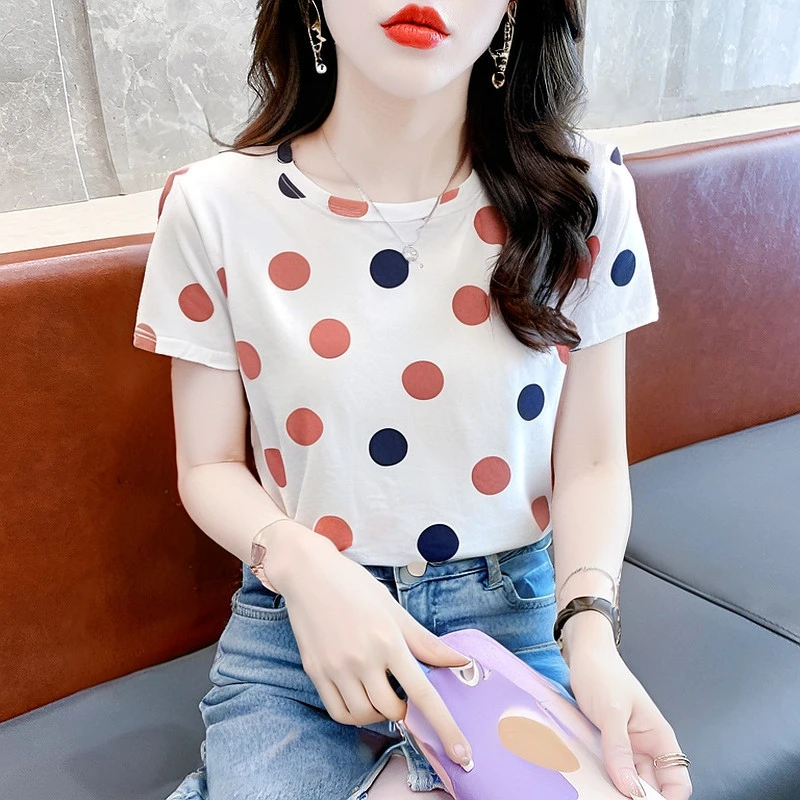 波点印花短袖T恤女2025年夏季新款韩版宽松圆领时尚上衣减龄百搭