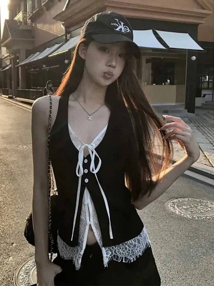 【空白旋律】夏季ins纯欲拼接蕾丝系带开衫假两件设计背心