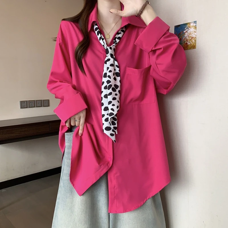 玫红色多巴胺穿搭波点丝巾衬衫女春秋季宽松慵懒风薄款防晒上衣夏