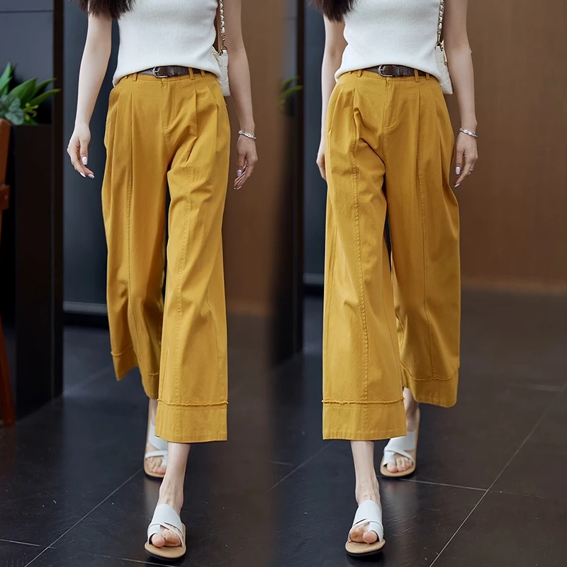黄色阔腿裤女士2025夏季新款高腰夏天薄款百搭休闲小个子直筒裤子