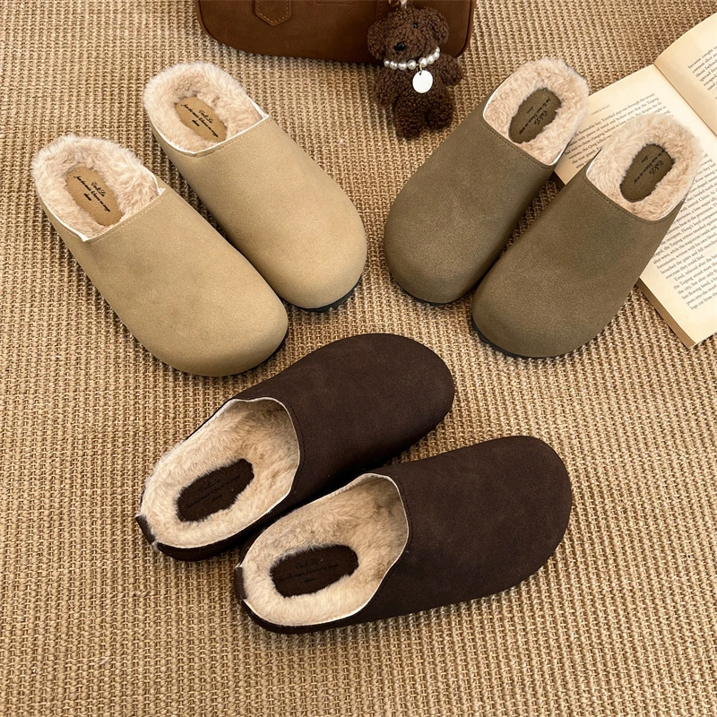 厚底一脚蹬勃肯鞋子包头半拖鞋女冬季加绒外穿2025新款保暖棉拖鞋