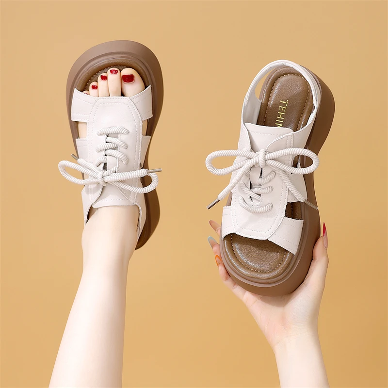 厚底凉鞋女2025年夏季新款一脚蹬百搭休闲增高沙滩鞋防滑罗马凉鞋