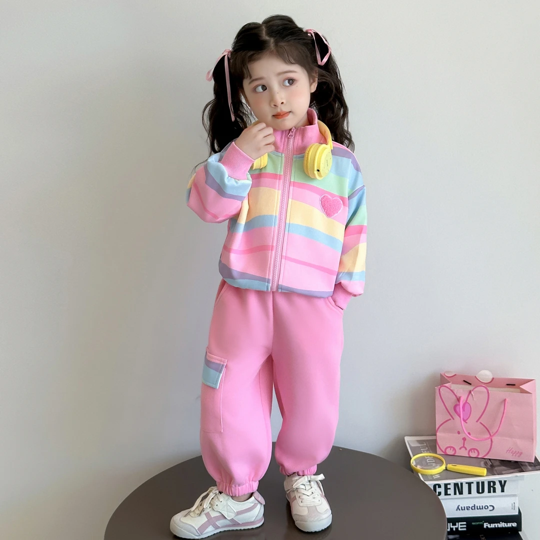女童秋季条纹套装2025新款儿童爱心棒球服春秋装女宝宝运动两件套