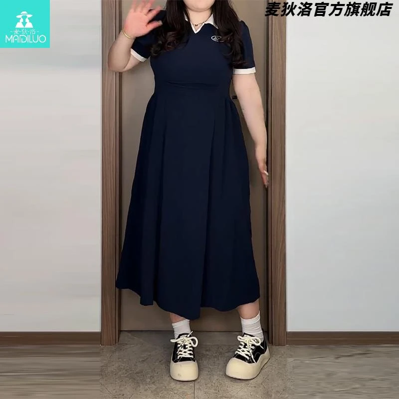 大码收腰显瘦撞色长裙夏季微胖mm设计感小众法式气质polo领连衣裙