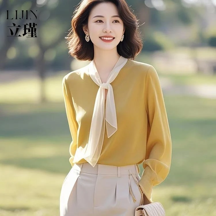 气质黄色V领长袖衬衫女2025夏季新款设计感小众漂亮小衫雪纺上衣