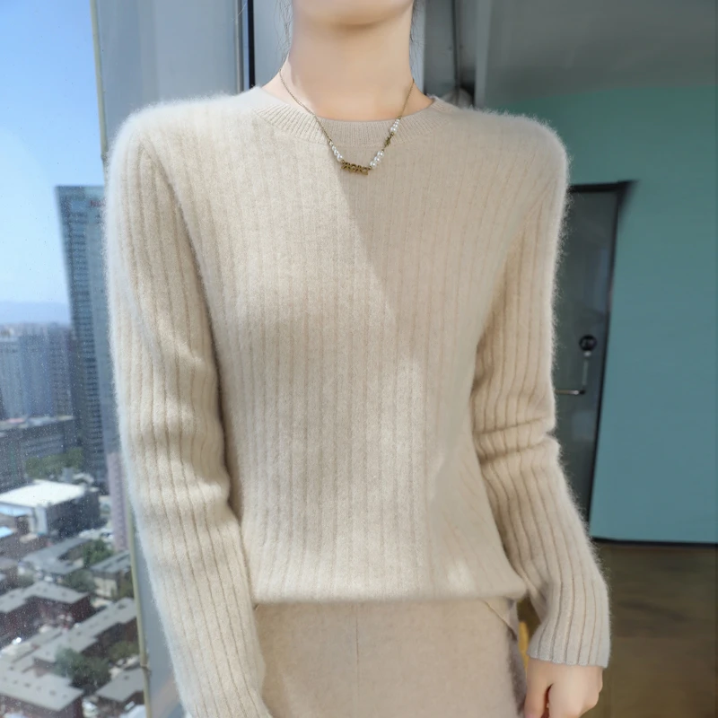 2024新款圆领竖纹打底外穿百搭宽松加厚套头