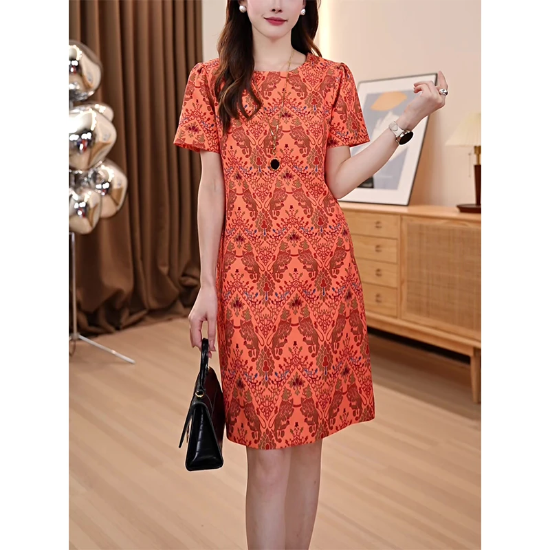 夏季新中式宽松大码连衣裙中国风时尚减龄遮肉显瘦圆领印花裙子