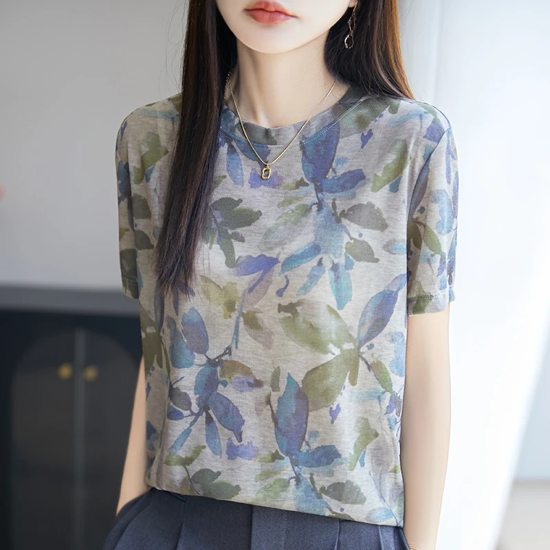 哥弟阿玛施正品夏季新款印花冰丝休闲设计感修身洋气短袖宽松圆领