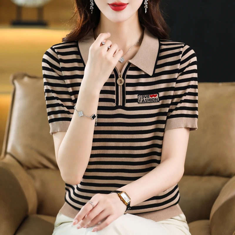 【100%兰精天丝】条纹T恤体恤衫薄款圆领时尚减龄体恤短袖T恤女2317