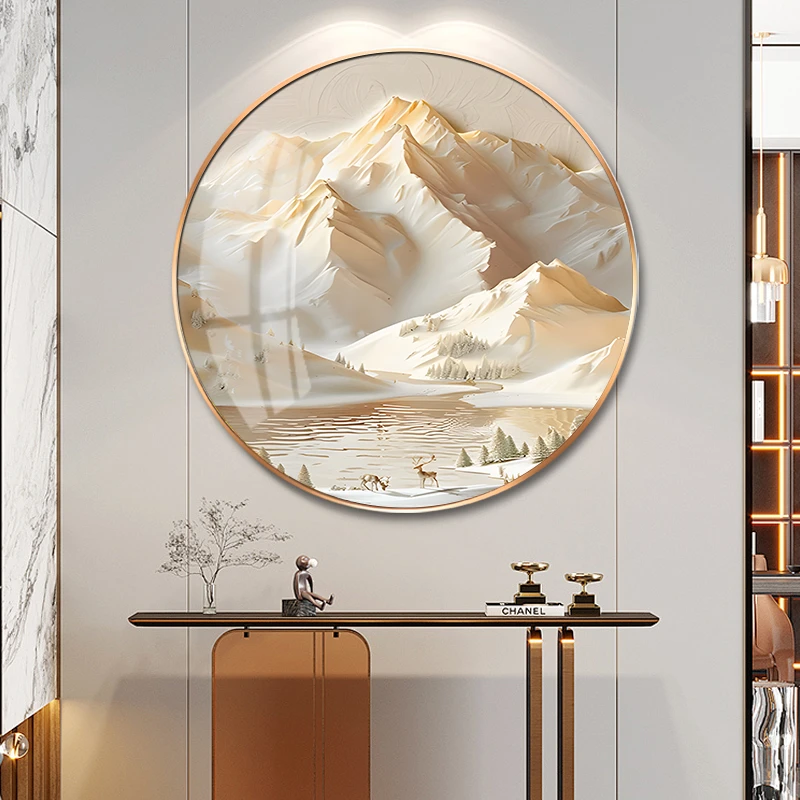 日照金山客厅餐桌装饰画现代轻奢玄关过道走廊挂画圆形墙壁靠山图
