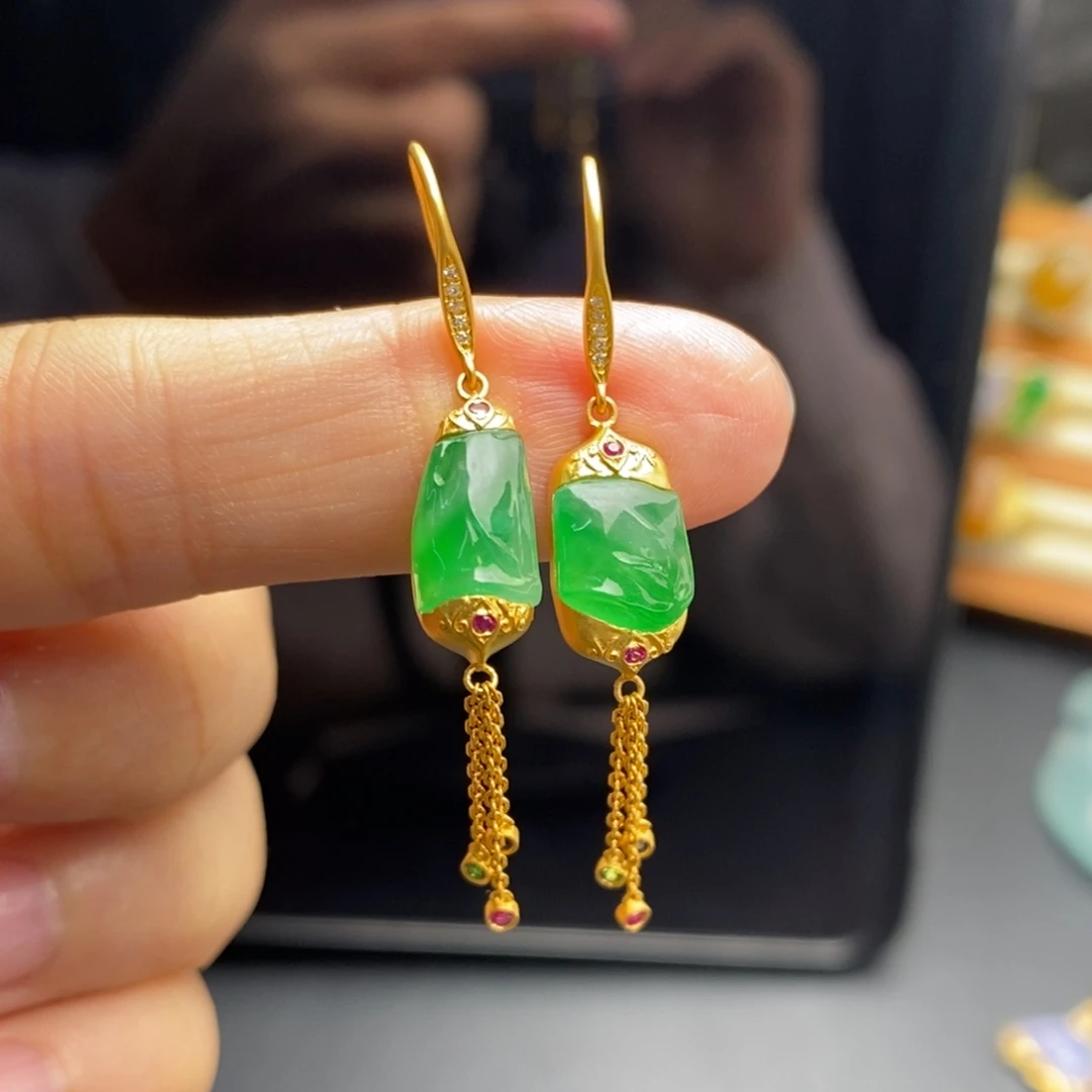 定制翡翠18K金镶嵌     冰绿竹节耳坠  啊好灵动