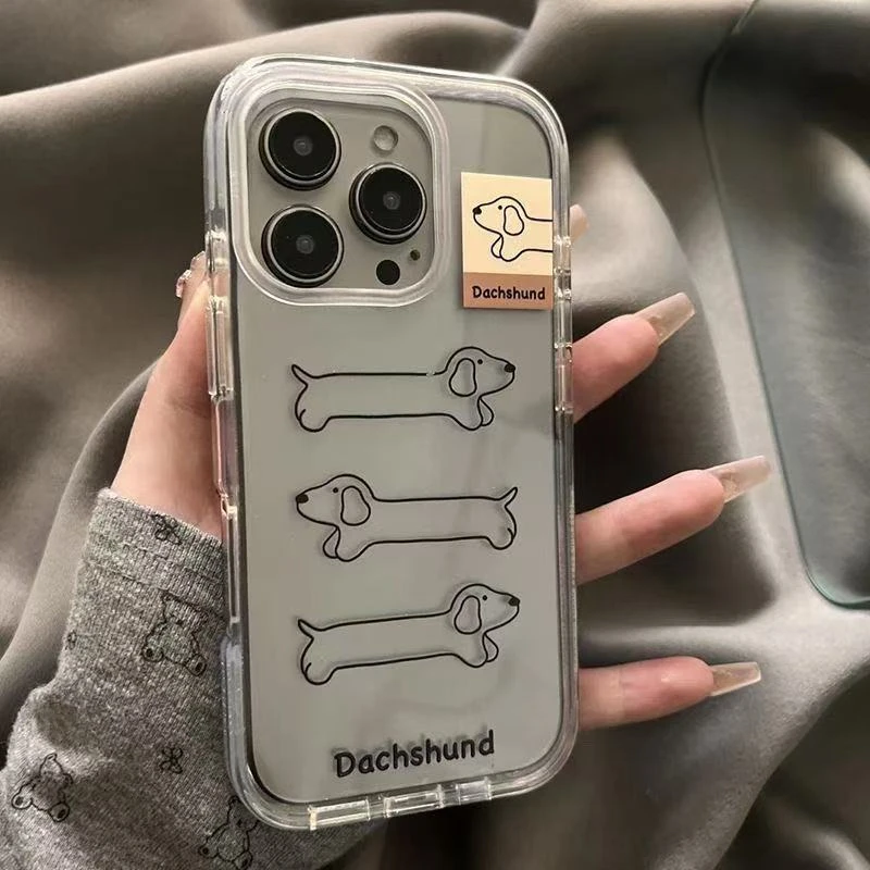 ins可爱黑线条腊肠狗适用于苹果14手机壳iPhone15透明11大孔13软