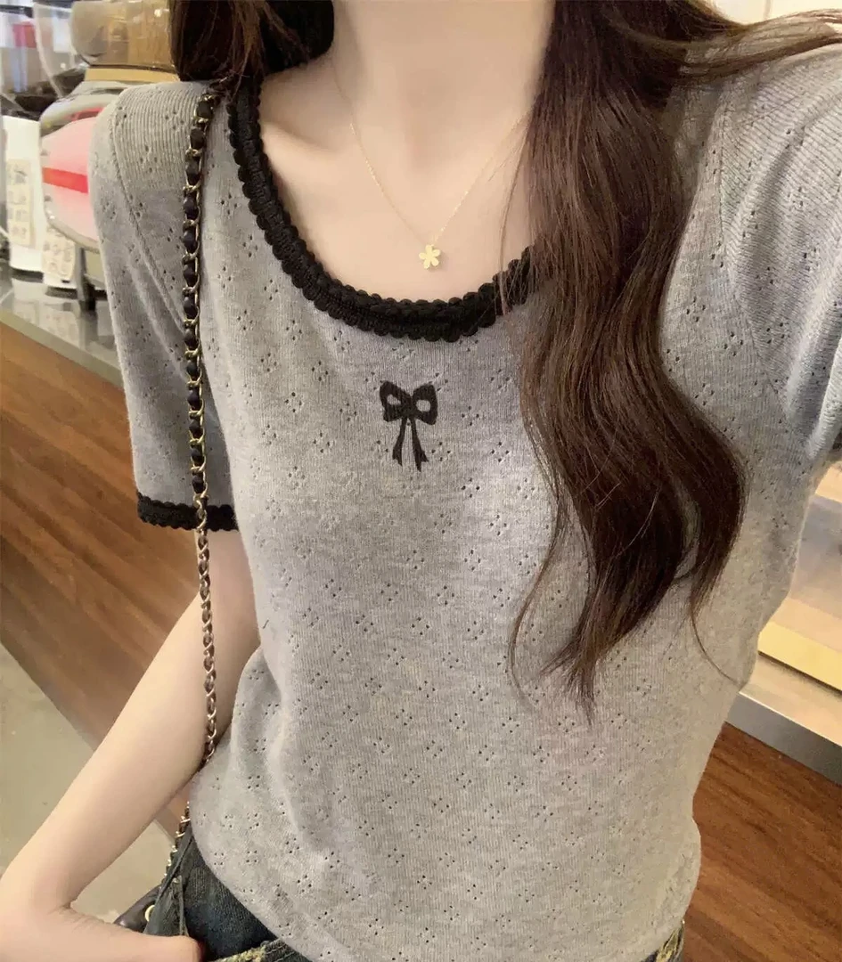 80-180斤法式撞色镂空刺绣蝴蝶结冰丝短袖t恤方领正肩显瘦上衣女