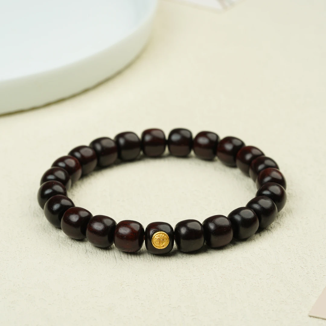 小叶紫檀福字桶珠单圈手串8*9MM桶珠文玩好物