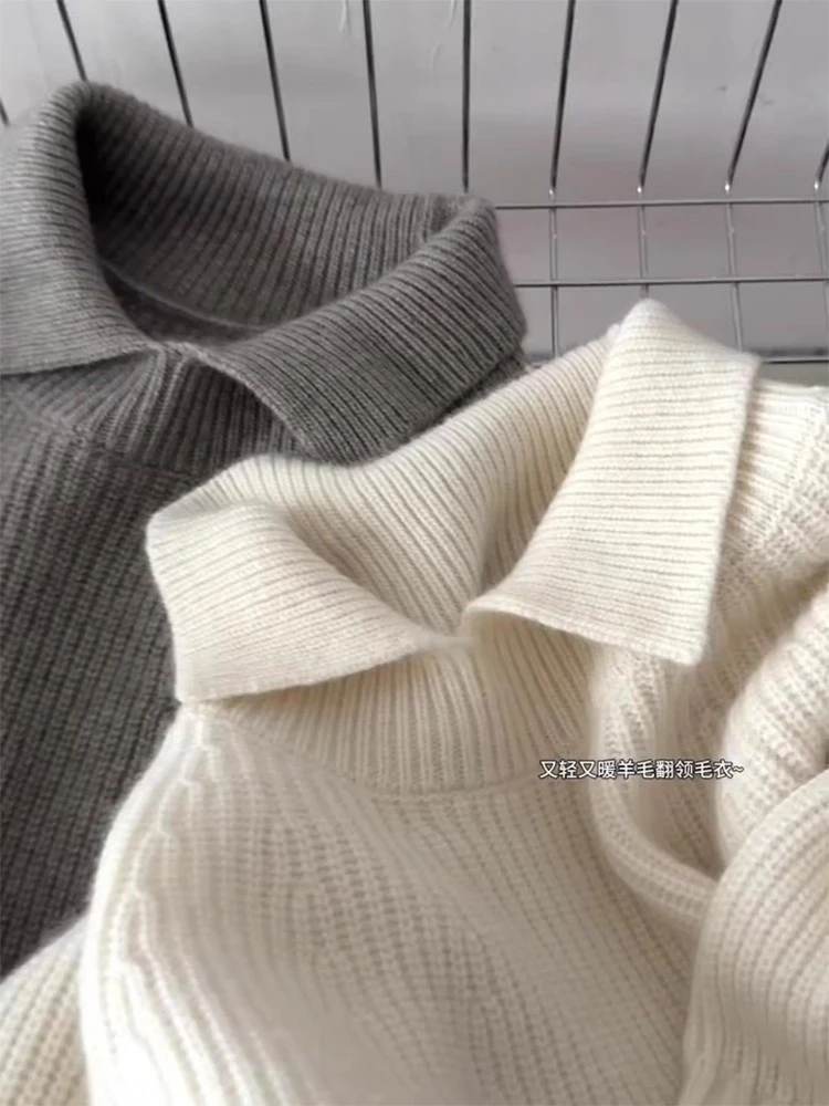 软糯糯白色粗针翻领套头厚毛衣女秋冬慵懒宽松可外穿内搭针织上衣