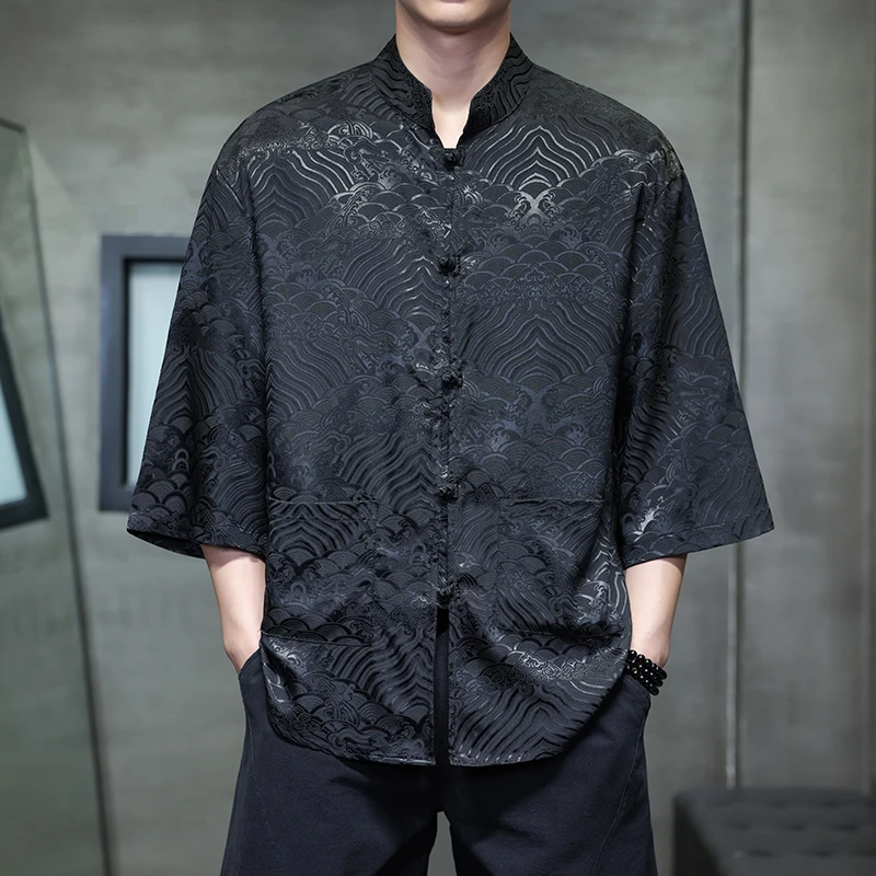 大码宽松短袖衬衫古风男士潮流七分袖薄款中式唐装衬衣夏季中国风