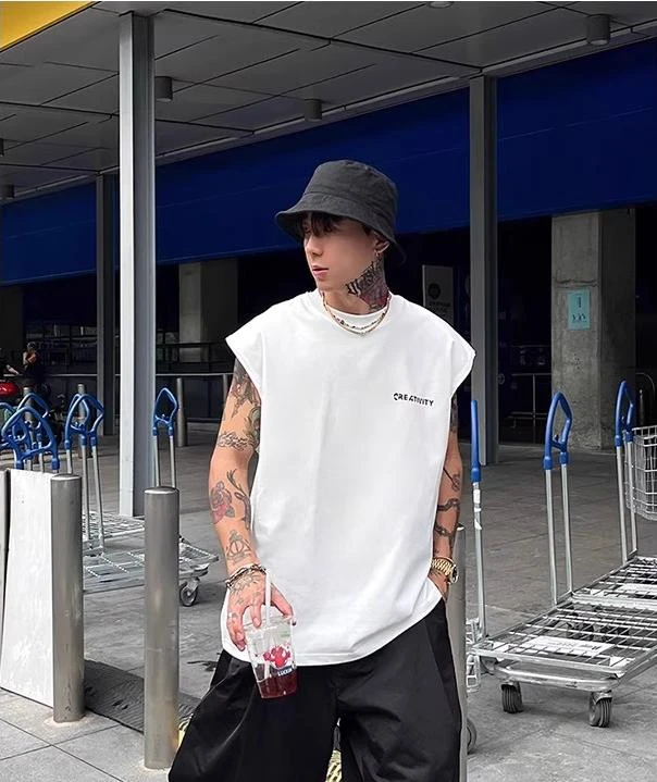 重磅100%纯棉夏季男士无袖印花韩版宽松休闲坎肩背心运动健身潮流