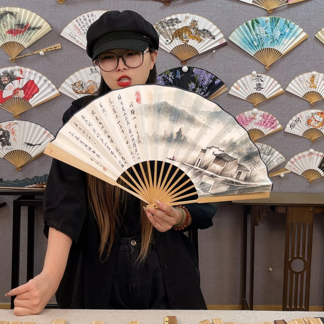 国画10寸玉竹-纯手绘-文玩扇骨（默认粘好）